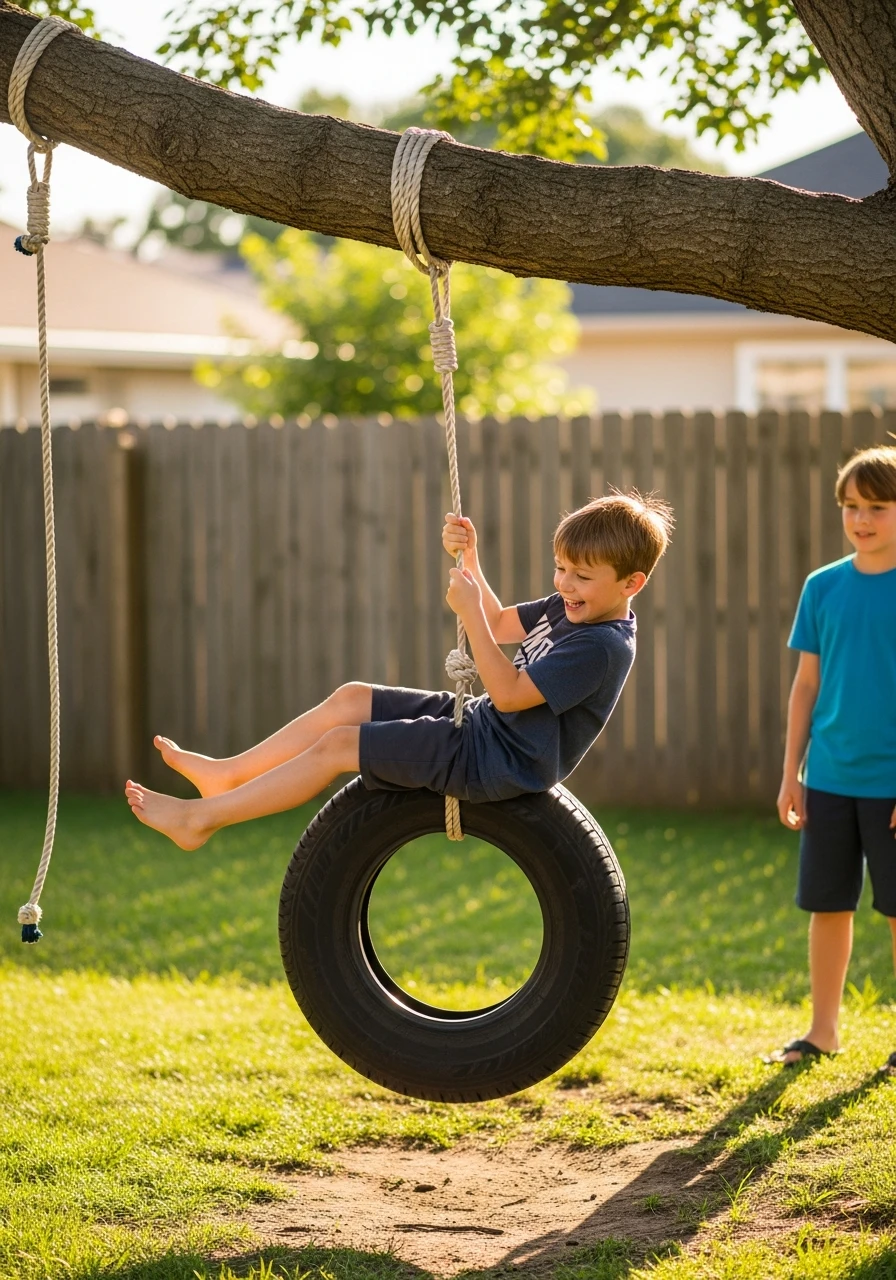 DIY Tire Swing Fun - 35 Budget-Friendly Kids Backyard Ideas for Summer Fun