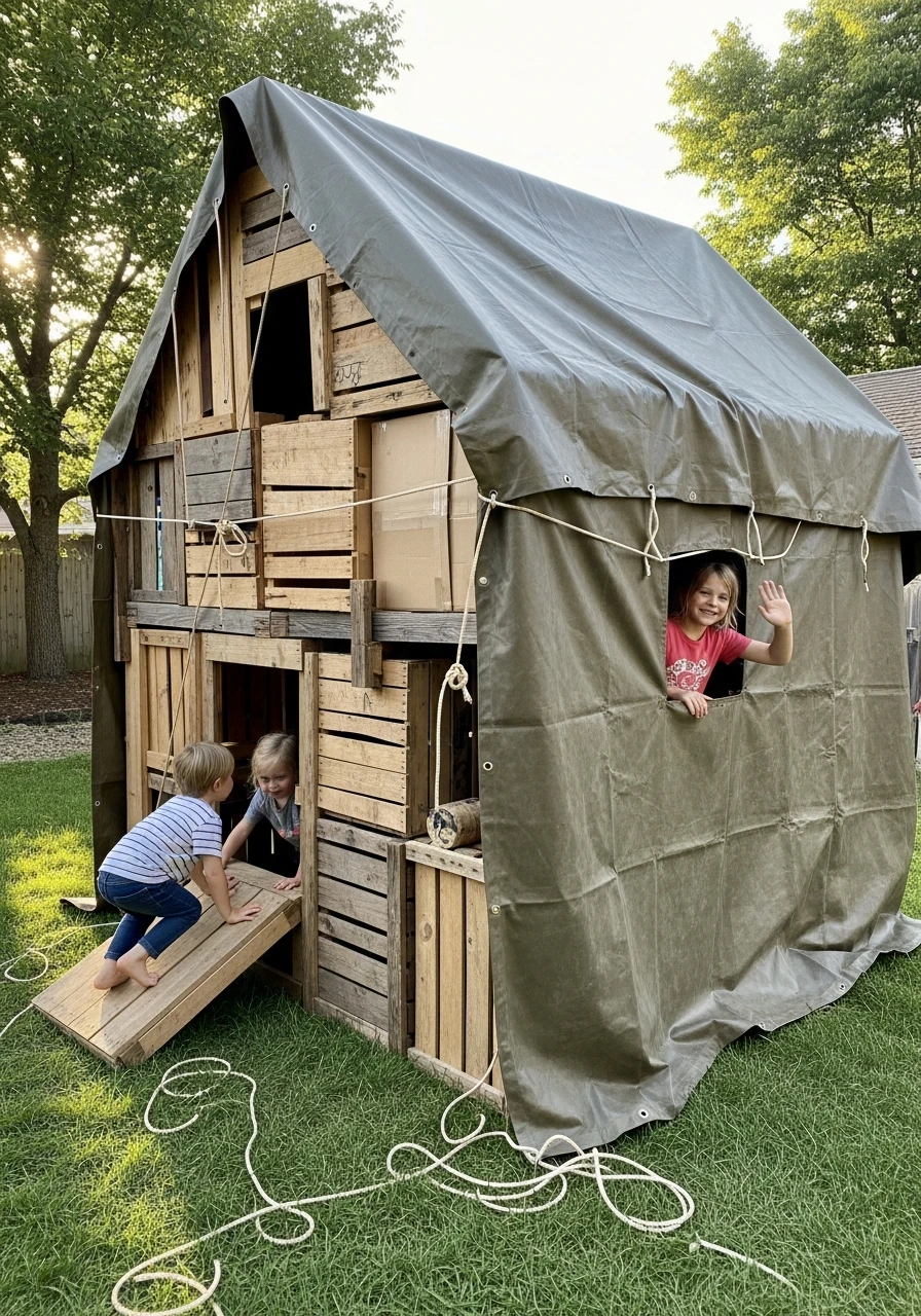 Upcycled Playhouse Fort - 35 Budget-Friendly Kids Backyard Ideas for Summer Fun