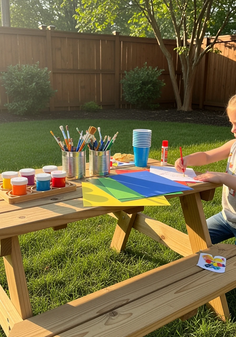 Picnic Table Craft Spot - 35 Budget-Friendly Kids Backyard Ideas for Summer Fun