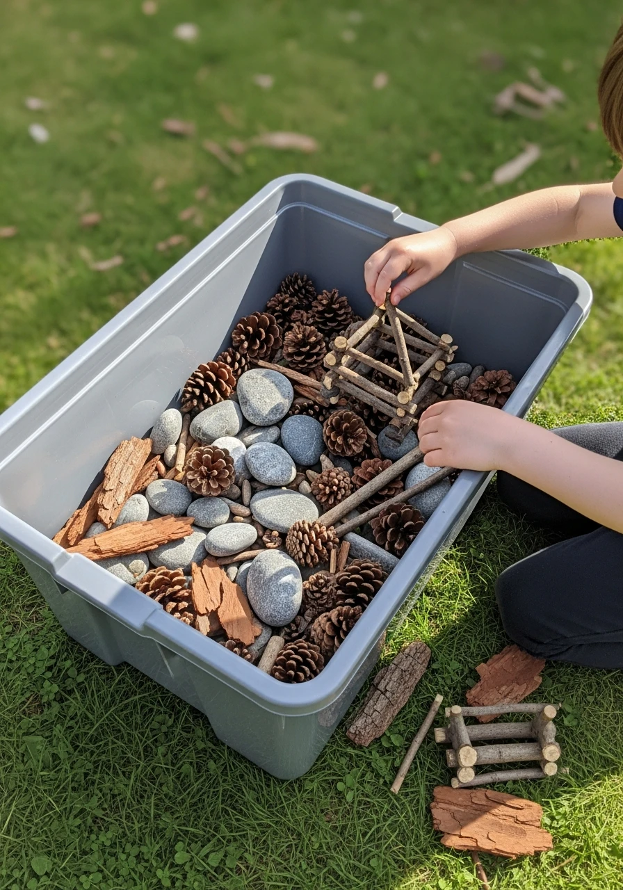 Natural Loose Parts Bin - 35 Budget-Friendly Kids Backyard Ideas for Summer Fun