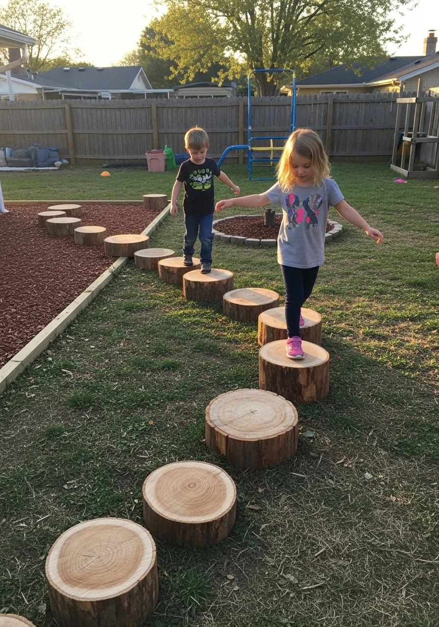 Tree Stump Stepping Path - 35 Budget-Friendly Kids Backyard Ideas for Summer Fun