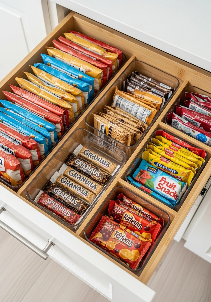 Dedicated Snack Drawer - 50 Smart Kitchen Organization Ideas That Look High-End