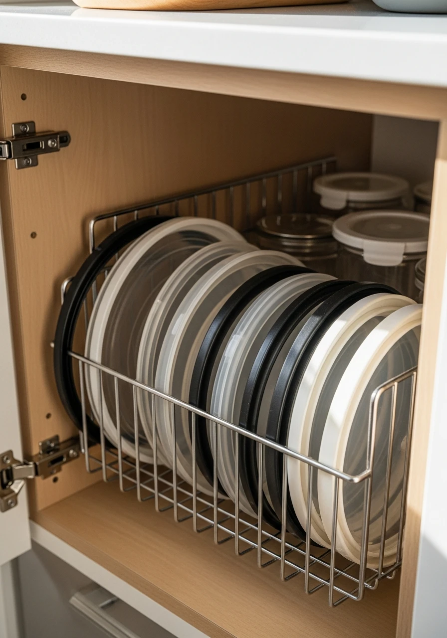 Container Lid Storage - 50 Smart Kitchen Organization Ideas That Look High-End