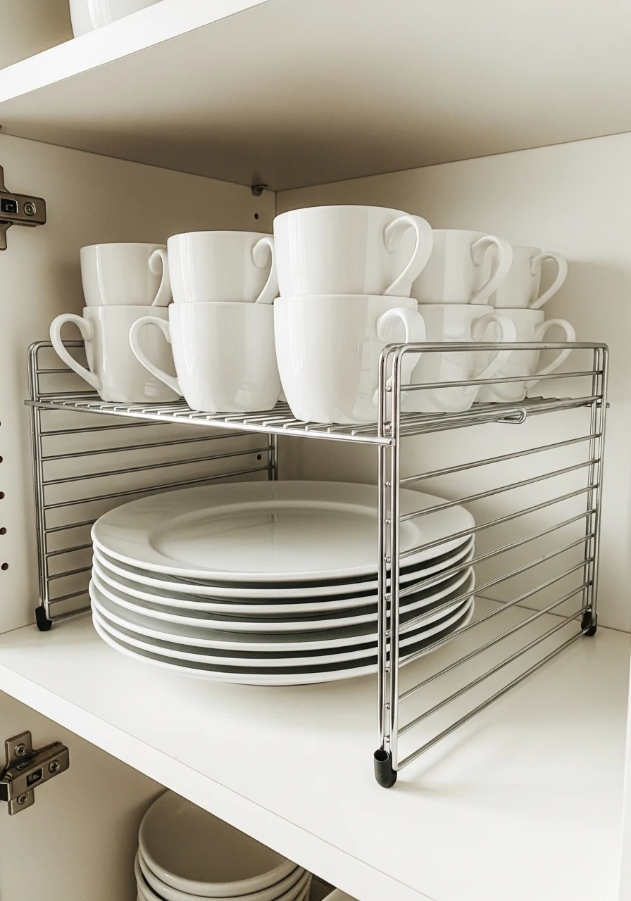 Stackable Cabinet Shelf Risers - 50 Smart Kitchen Organization Ideas That Look High-End