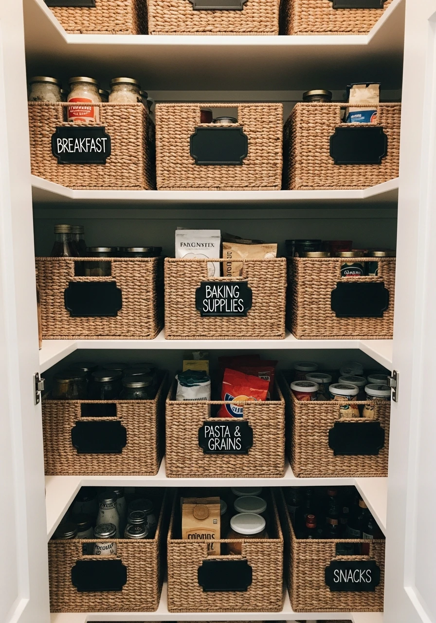 Labeled Pantry Baskets - 50 Genius Kitchen Storage Ideas That Look High-End (On a Budget!)