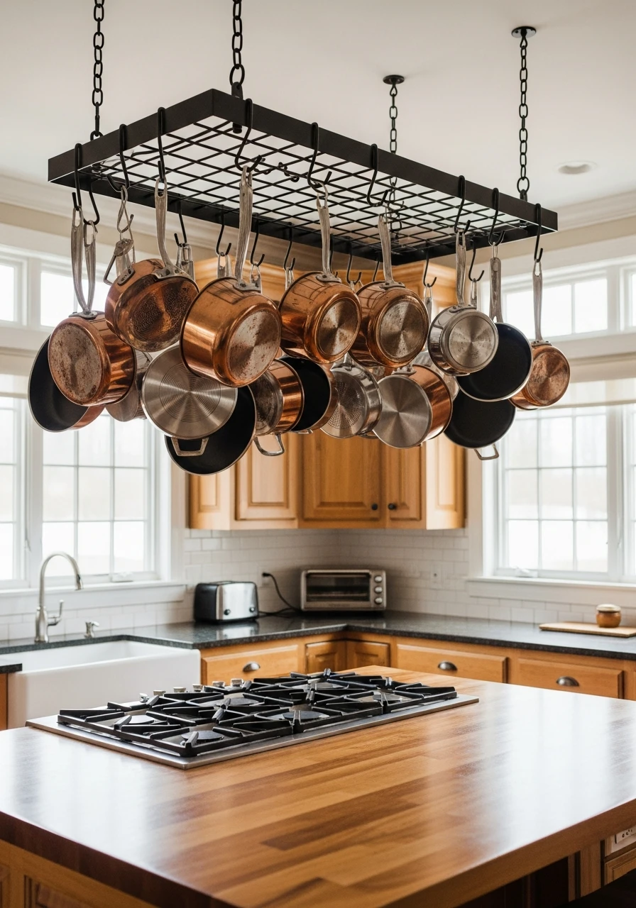 Use a Hanging Pot Rack - 50 Genius Kitchen Storage Ideas That Look High-End (On a Budget!)