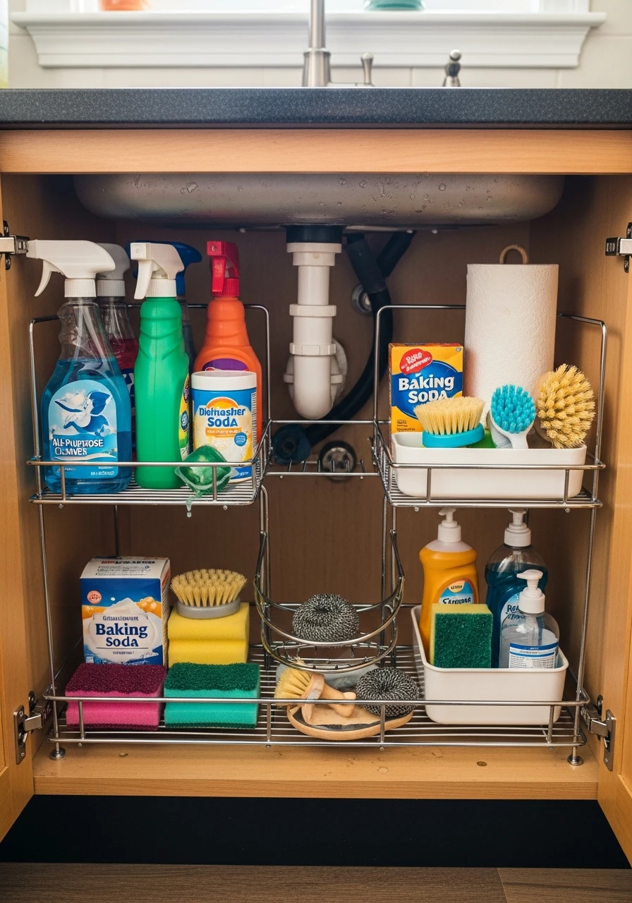 Under-Sink Pull-Out Organizer - 50 Genius Kitchen Storage Ideas That Look High-End (On a Budget!)