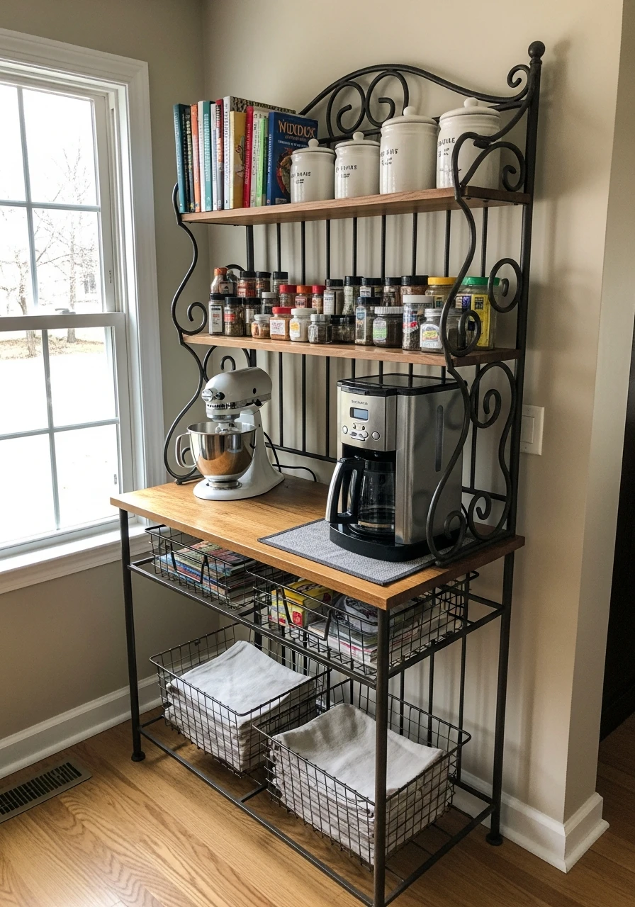 Baker’s Rack Storage Unit - 50 Genius Kitchen Storage Ideas That Look High-End (On a Budget!)