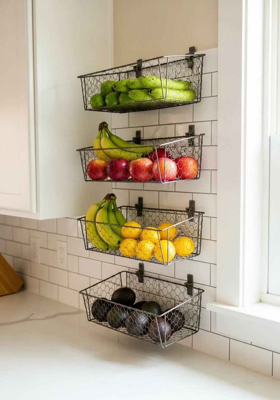 Wall-Mounted Produce Baskets - 50 Genius Kitchen Storage Ideas That Look High-End (On a Budget!)