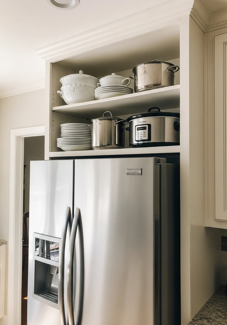 Above-Fridge Storage Shelf - 50 Genius Kitchen Storage Ideas That Look High-End (On a Budget!)