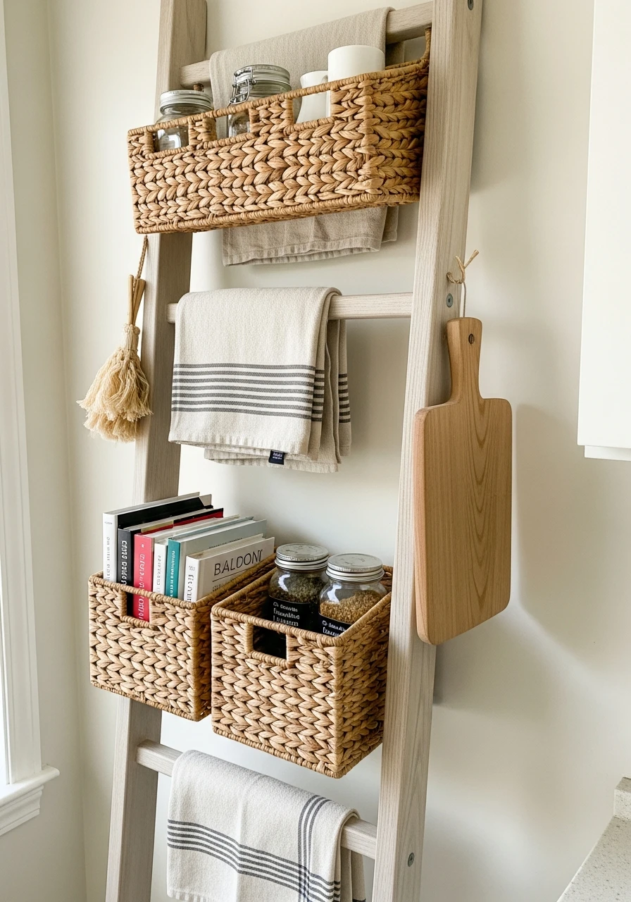 Leaning Storage Ladder - 50 Genius Kitchen Storage Ideas That Look High-End (On a Budget!)