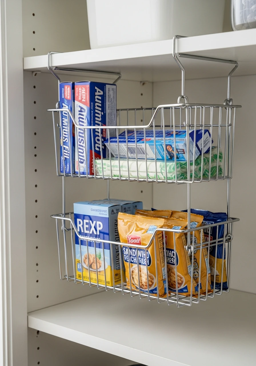 Under-Shelf Hanging Baskets - 50 Genius Kitchen Storage Ideas That Look High-End (On a Budget!)