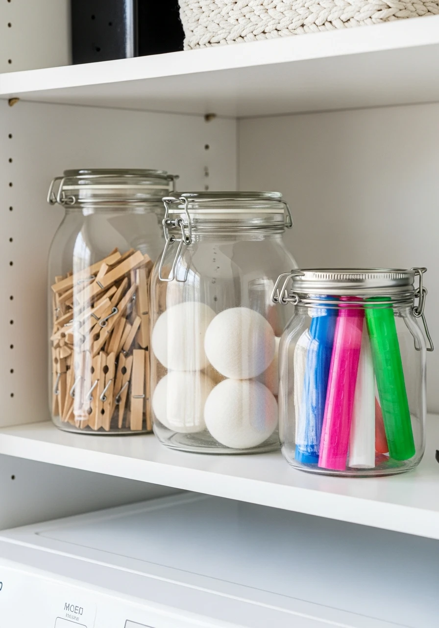 Glass Jars For Supplies - 45 Smart Laundry Room Storage Ideas That Look High-End