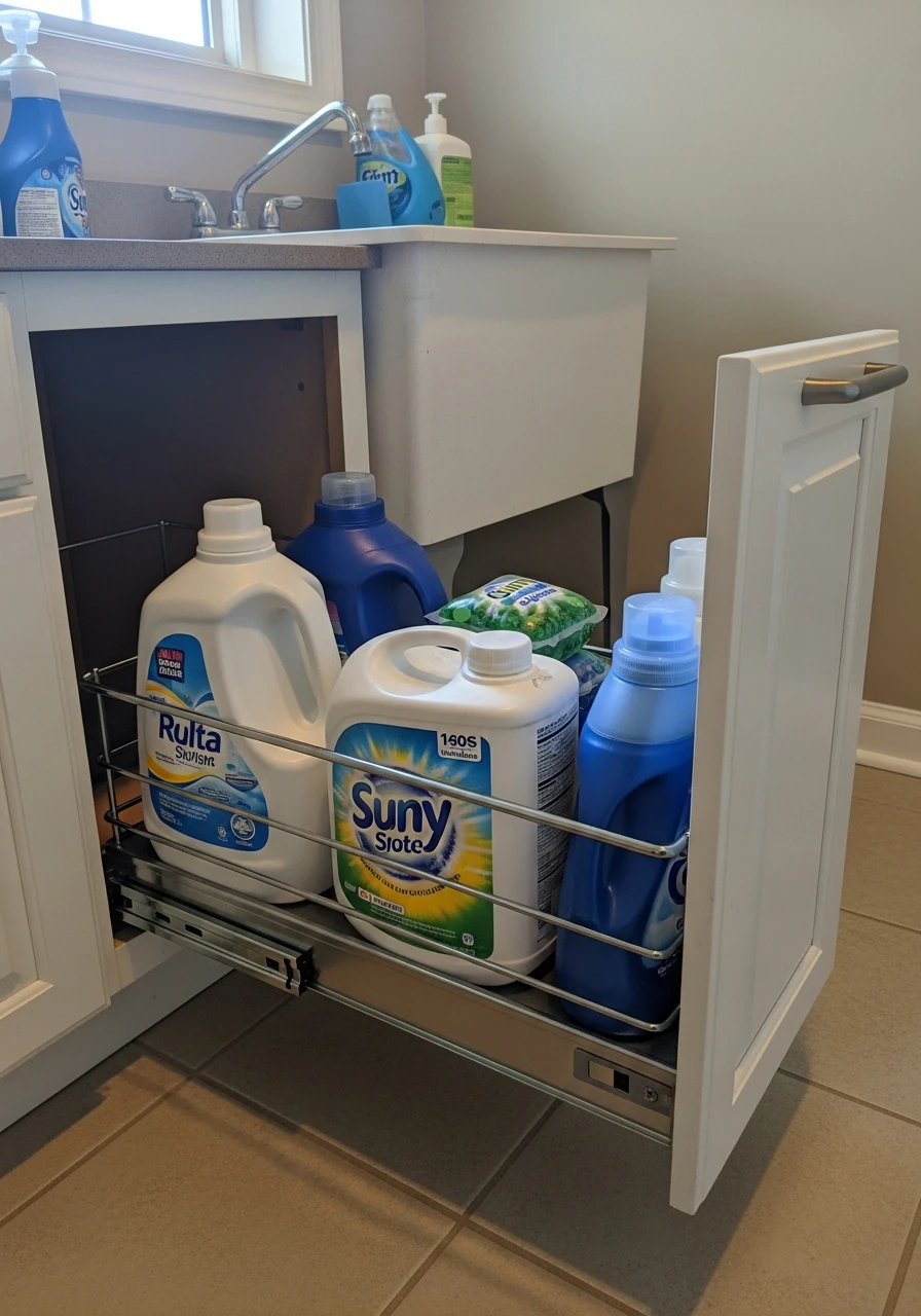 Pull-Out Cabinet Organizer - 45 Smart Laundry Room Storage Ideas That Look High-End