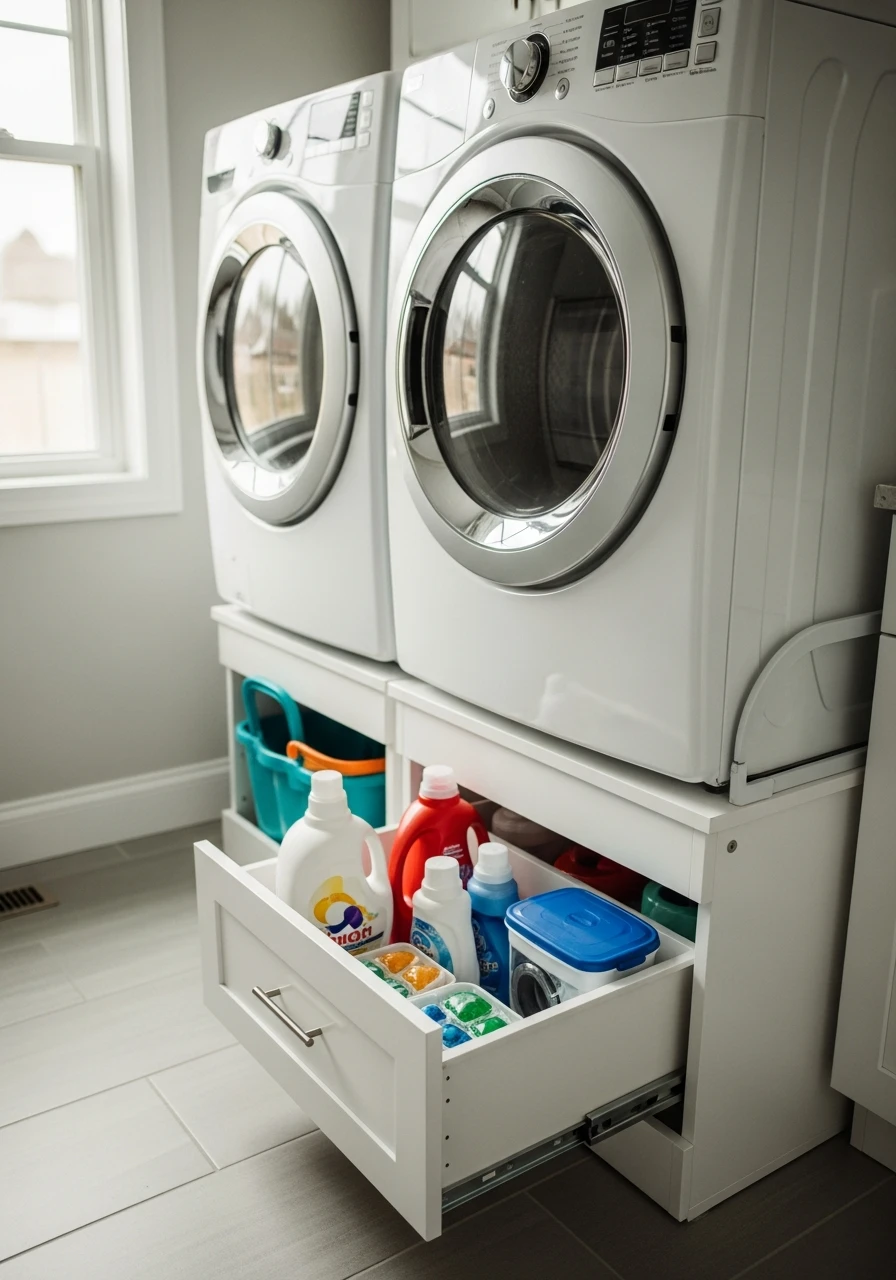 Washer Dryer Pedestals - 45 Smart Laundry Room Storage Ideas That Look High-End