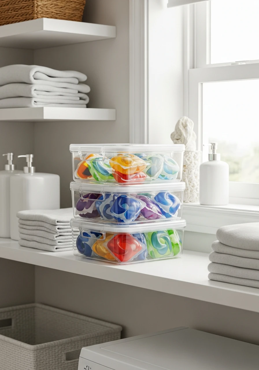 Stackable Clear Pod Bins - 45 Smart Laundry Room Storage Ideas That Look High-End