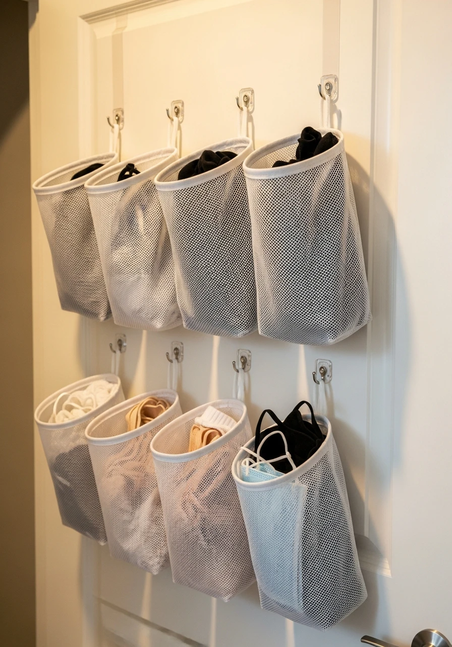 Mesh Bags On Command Hooks - 45 Smart Laundry Room Storage Ideas That Look High-End