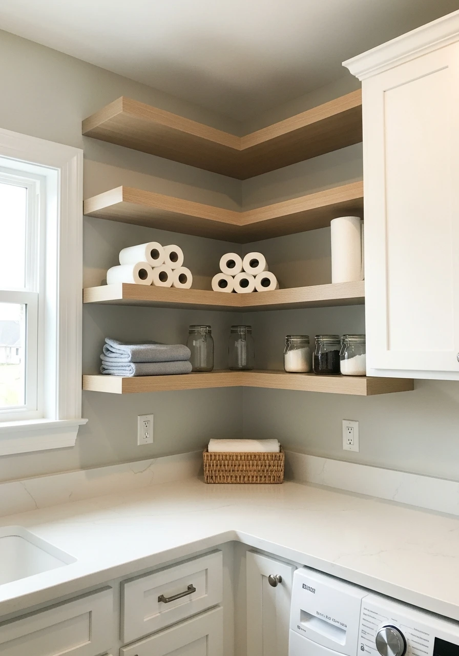 Corner Floating Shelves - 45 Smart Laundry Room Storage Ideas That Look High-End