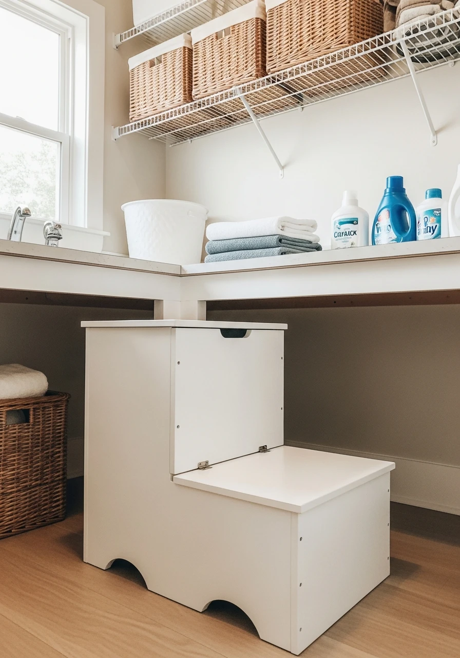 Step Stool Storage Box - 45 Smart Laundry Room Storage Ideas That Look High-End