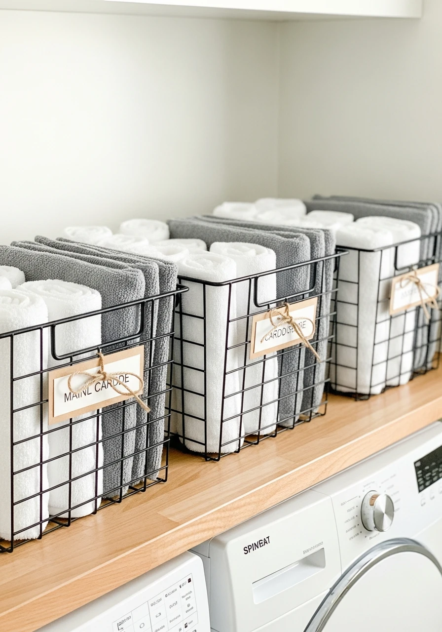 Labeled Wire Baskets - 45 Smart Laundry Room Storage Ideas That Look High-End
