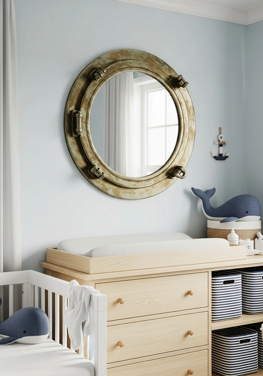 Round Porthole Mirror - 30 Simple Nautical Nursery Ideas That Look Expensive