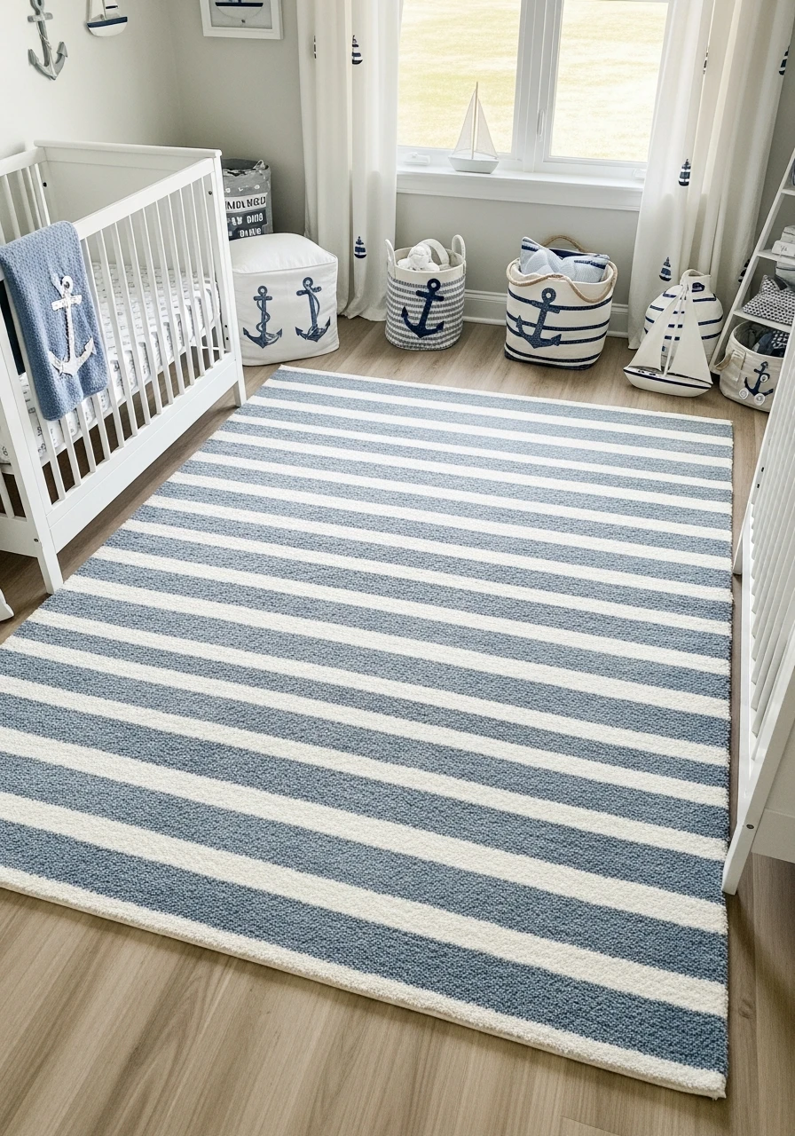 Blue and White Striped Rug - 30 Simple Nautical Nursery Ideas That Look Expensive