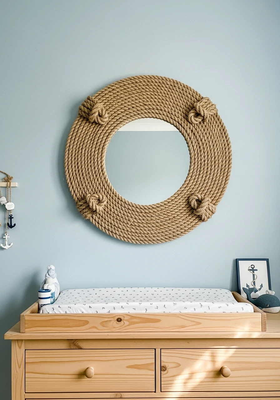 Rope-Wrapped Mirror - 30 Simple Nautical Nursery Ideas That Look Expensive