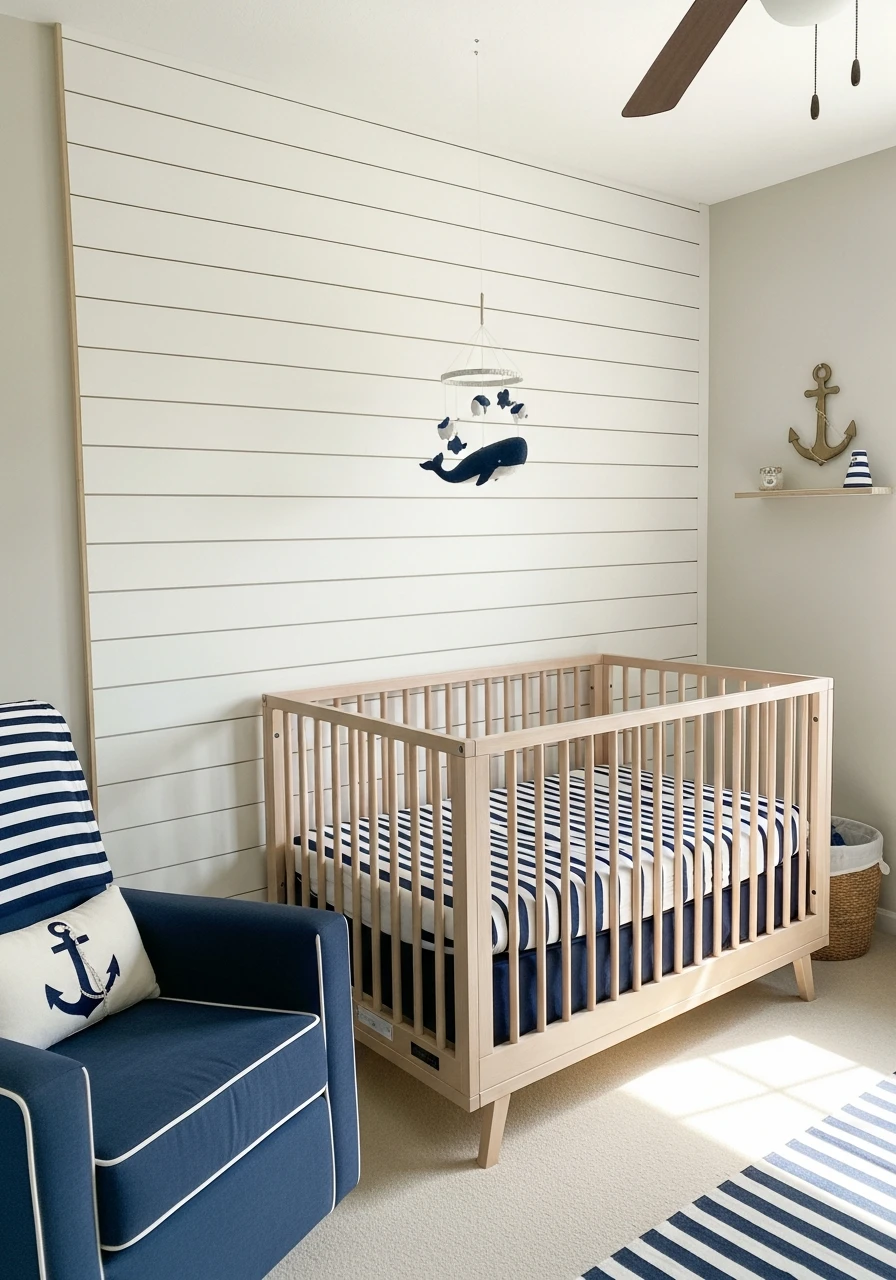 Faux Shiplap Accent Wall - 30 Simple Nautical Nursery Ideas That Look Expensive