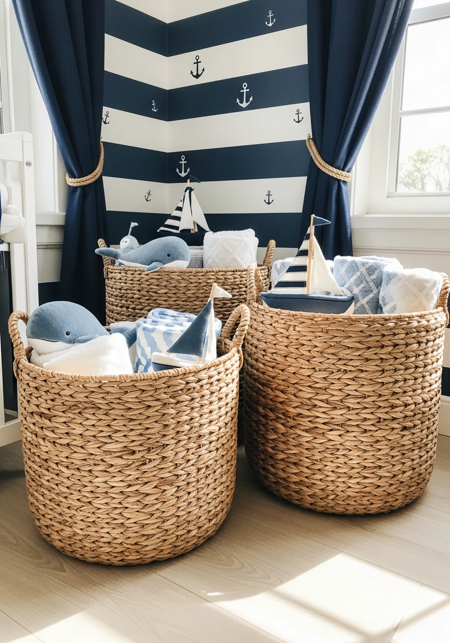 Woven Storage Baskets - 30 Simple Nautical Nursery Ideas That Look Expensive