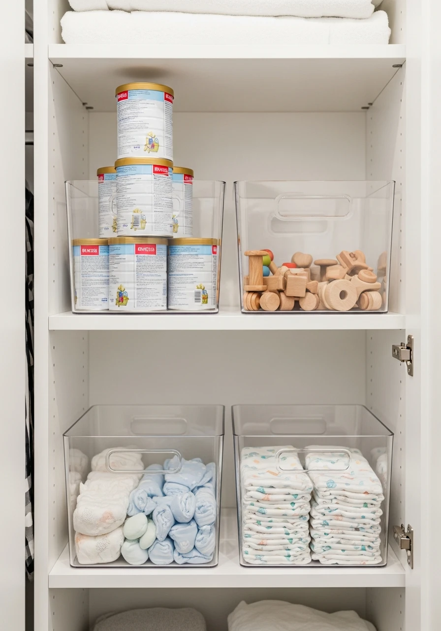 See-Through Storage Bins - 30 Genius Nursery Closet Ideas That Look High-End On A Budget