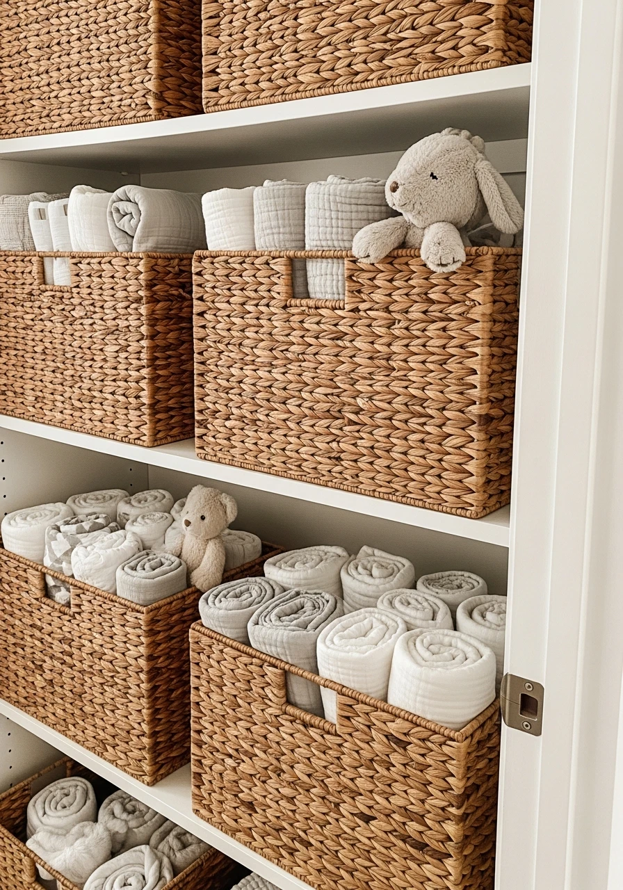 Pretty Woven Baskets - 30 Genius Nursery Closet Ideas That Look High-End On A Budget