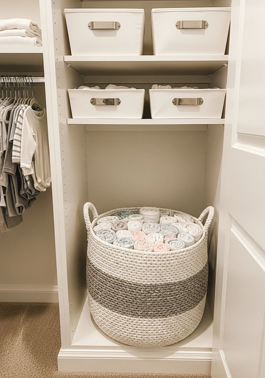 Basket for Swaddles - 30 Genius Ideas for Nursery Closet Organization