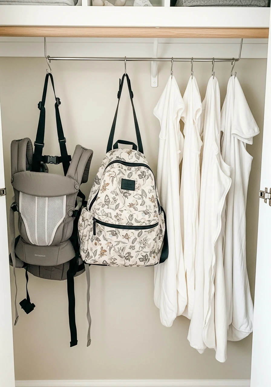 Hooks for Carriers and Bags - 30 Genius Ideas for Nursery Closet Organization