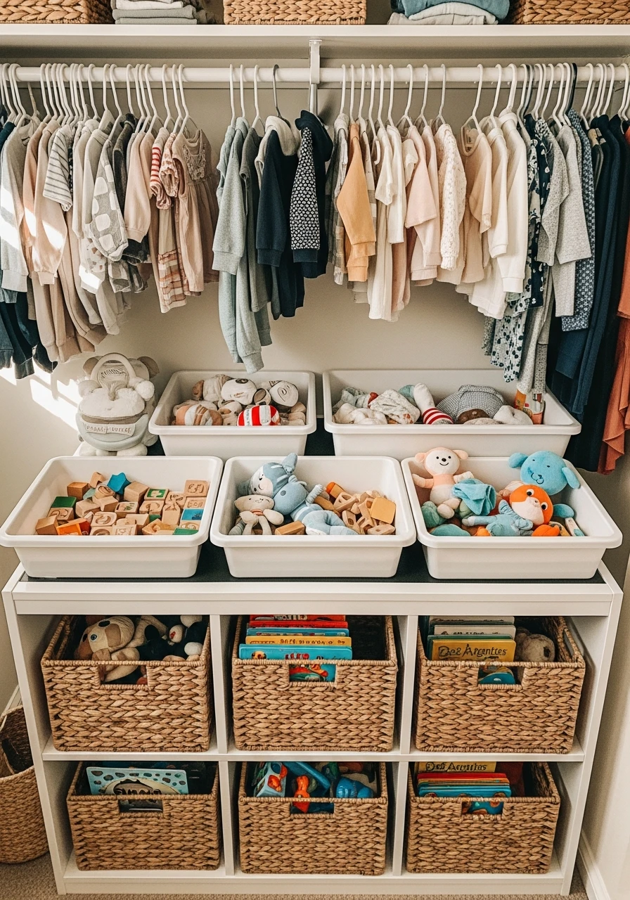 Open Bins for Play Items - 30 Genius Ideas for Nursery Closet Organization