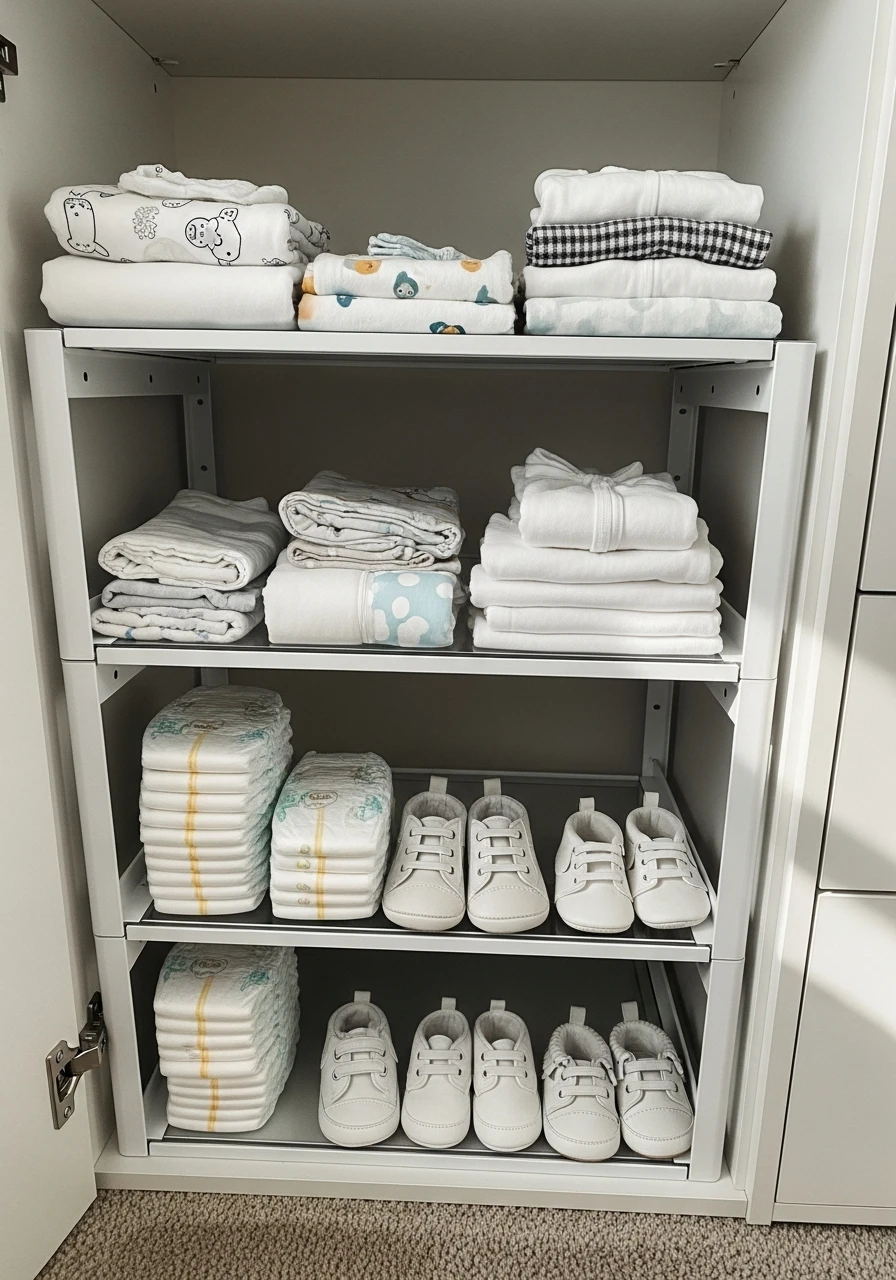 Shelf Risers Add Levels - 30 Genius Ideas for Nursery Closet Organization