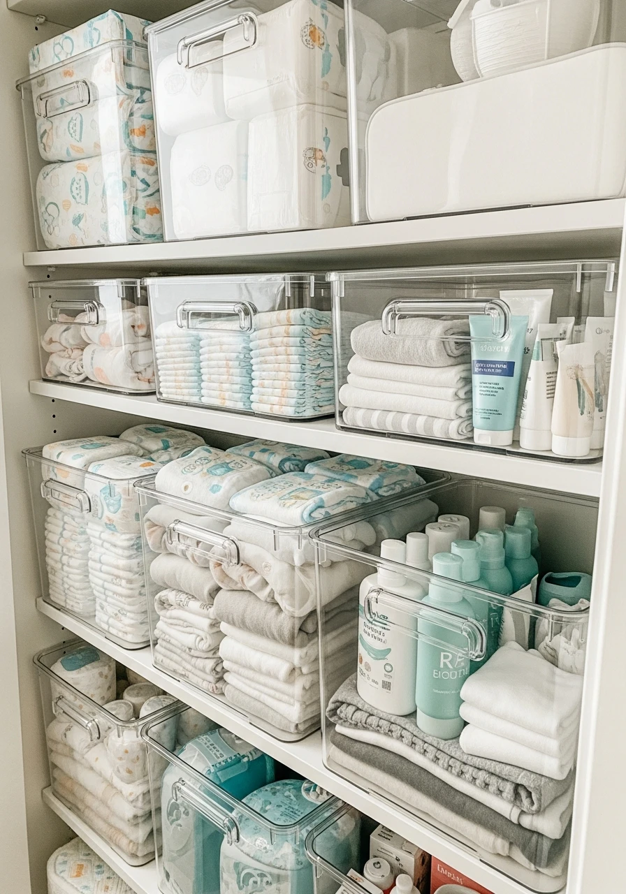 Clear Bins for Daily Use - 30 Genius Ideas for Nursery Closet Organization
