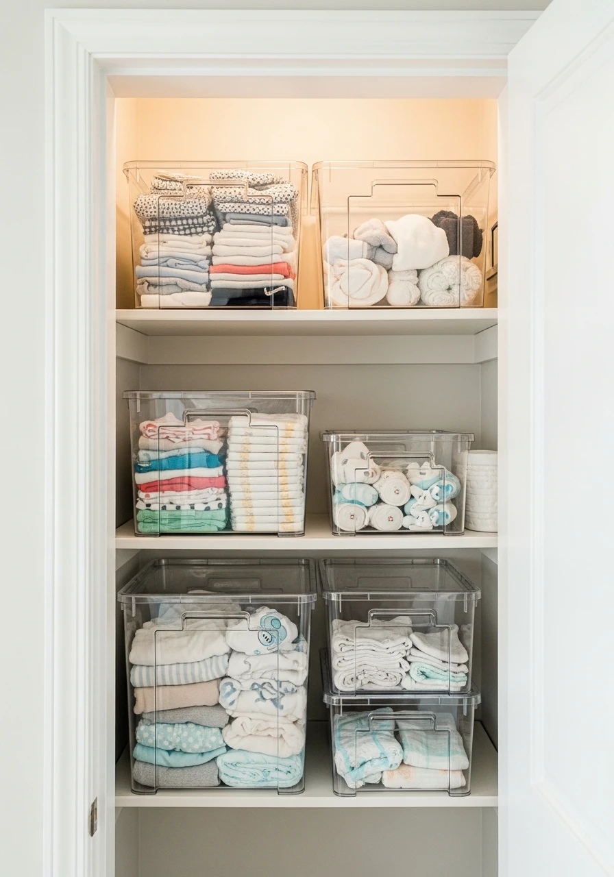 Use Clear Storage Bins - 30 Genius Ideas for Nursery Closet Organization