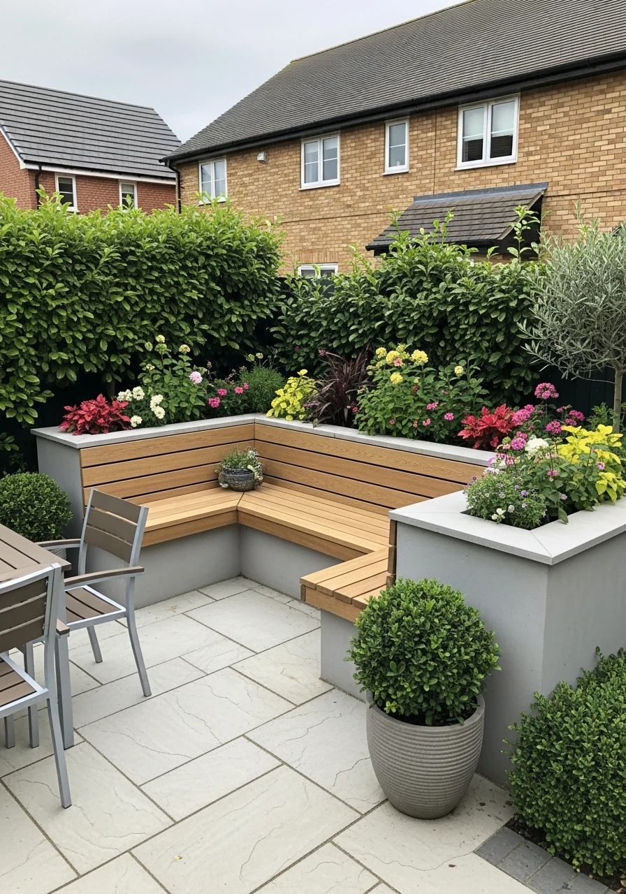 Patio Garden With Built-In Bench Planters