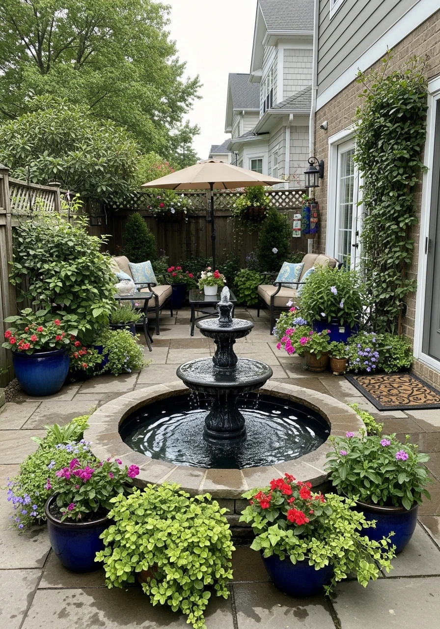 Patio Garden With Water Fountain Feature