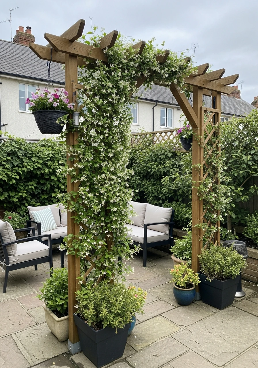 Patio Garden With Climbing Vine Trellis