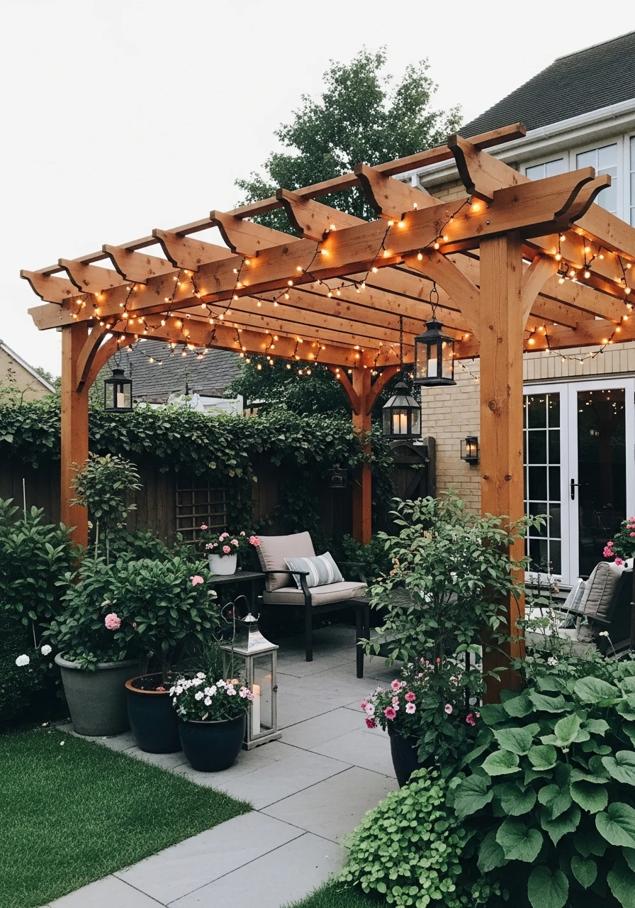 Patio Garden With Pergola Lighting Accents
