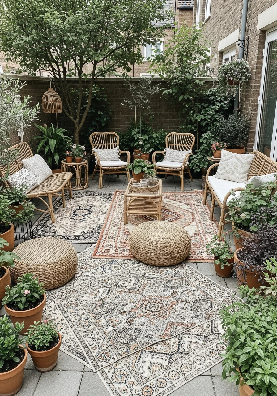 Boho Layered Rug Patio Garden Setup