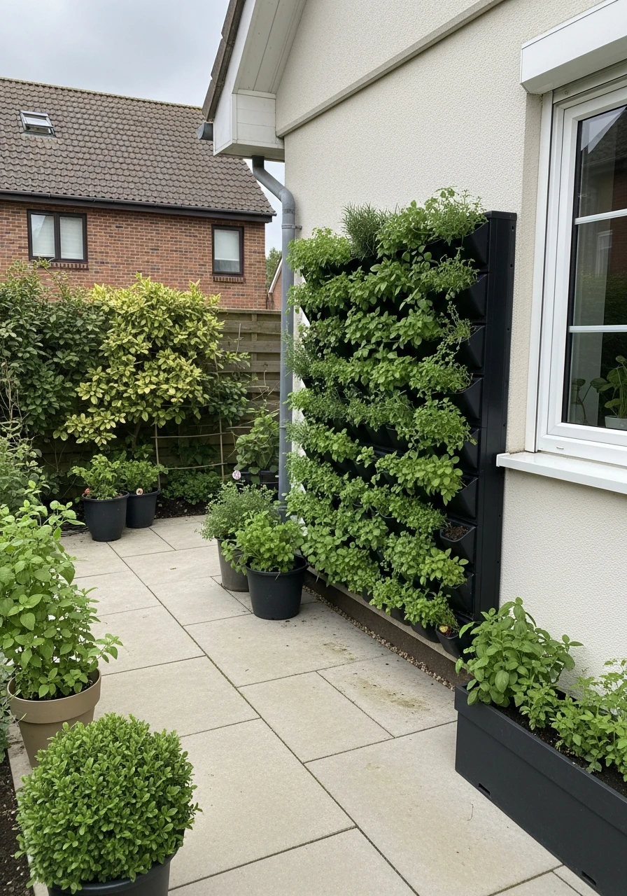 Patio Garden With Vertical Herb Wall