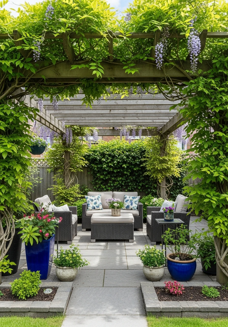 Pergola-Covered Patio Garden Retreat