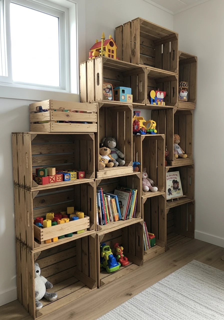 Stacked Crate Shelves - 40 Genius Playroom Storage Ideas for a Tidy Home