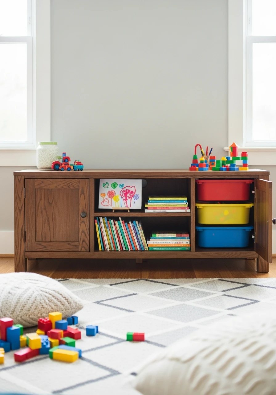 Repurposed Media Console - 40 Genius Playroom Storage Ideas for a Tidy Home