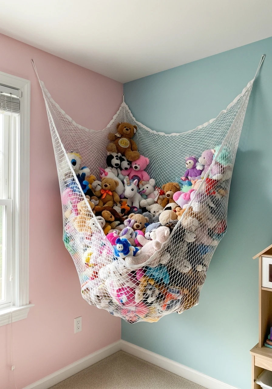 Stuffed Animal Hammock - 40 Genius Playroom Storage Ideas for a Tidy Home