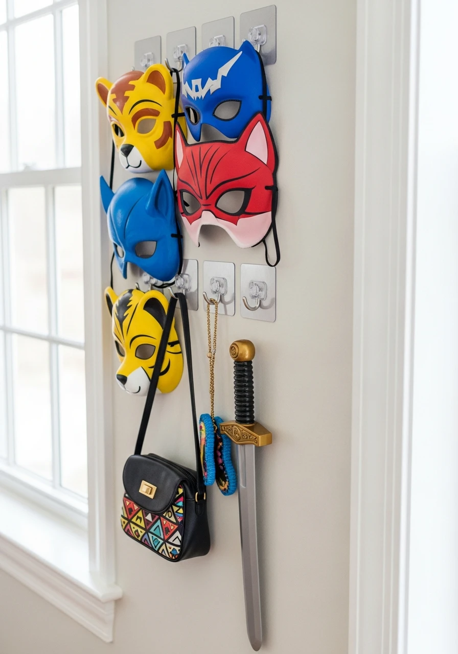 Display with Command Hooks - 40 Genius Playroom Storage Ideas for a Tidy Home