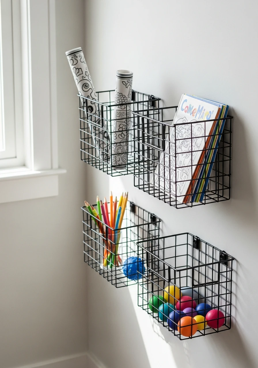 Wall-Mounted Wire Baskets - 40 Genius Playroom Storage Ideas for a Tidy Home