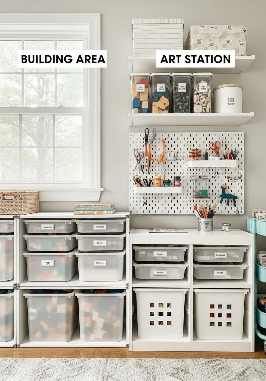 Defined Activity Zones - 40 Genius Playroom Storage Ideas for a Tidy Home